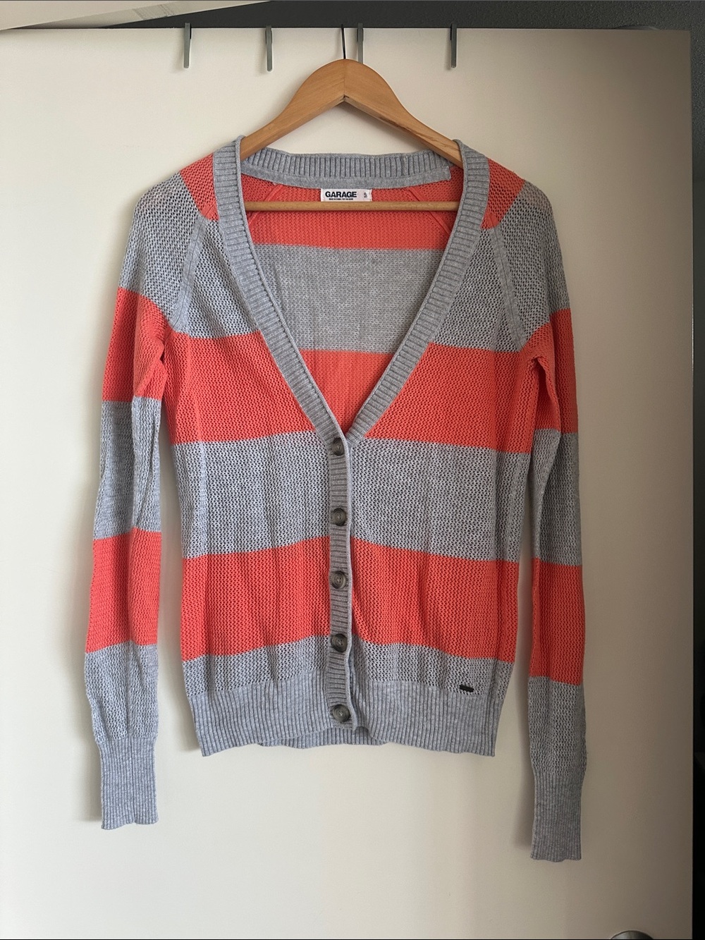 Garage Coral and Gray Striped Button-Up Cardigan